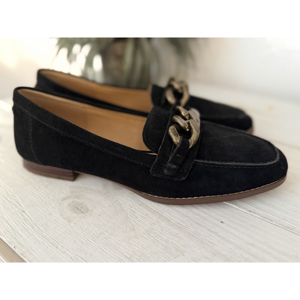 CROWN VINTAGE Black Suede Leather Loafers Women Sz 10 Chain Detail Slip On Shoes